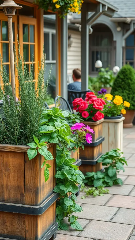 Rustic wooden planters filled with colorful flowers and greenery on a patio