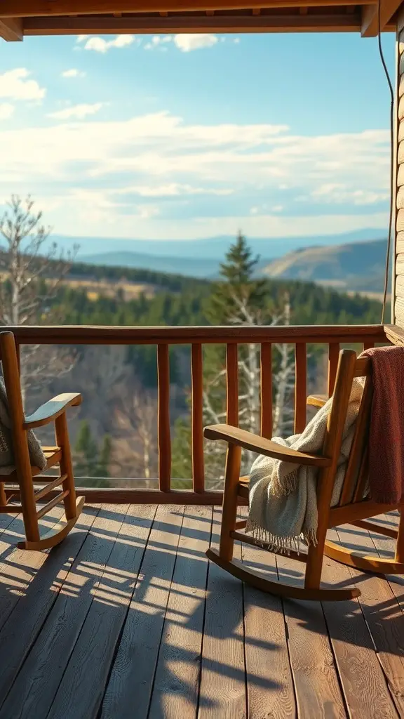 25 Stunning Deck Furniture Ideas for Your Outdoor Oasis 7 Two rustic wooden rocking chairs on a deck overlooking a scenic view.