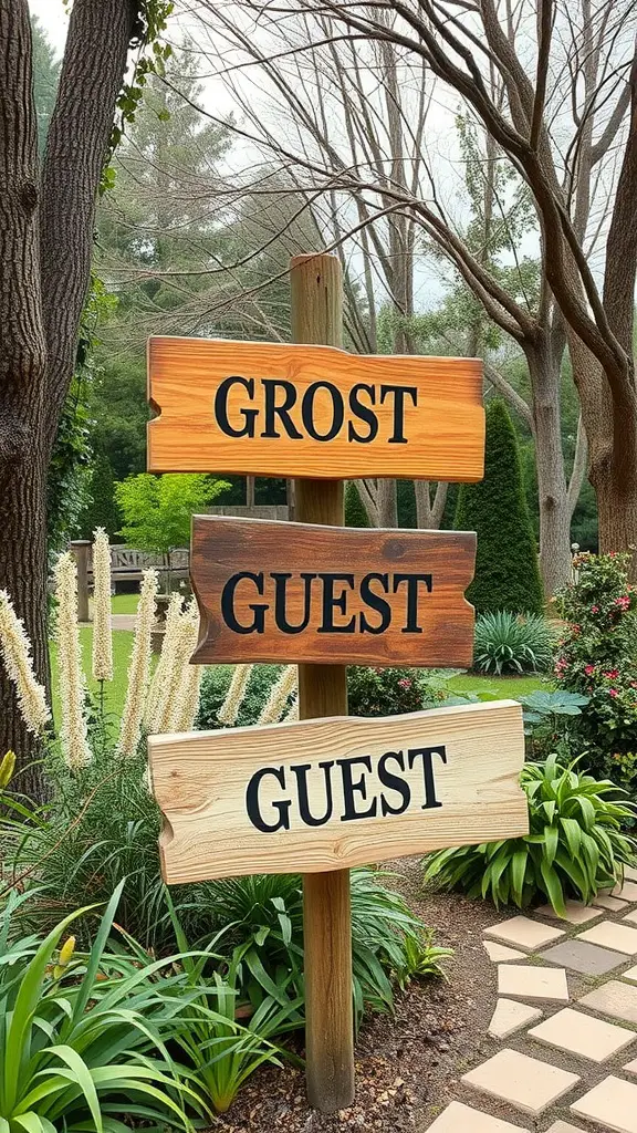 Wooden signage in a garden, displaying the word 'GUEST' on multiple signs.