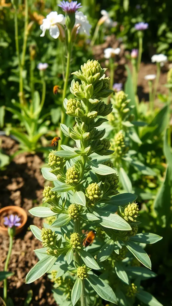 A close-up of a sage plant with green leaves and flower buds in a garden setting.