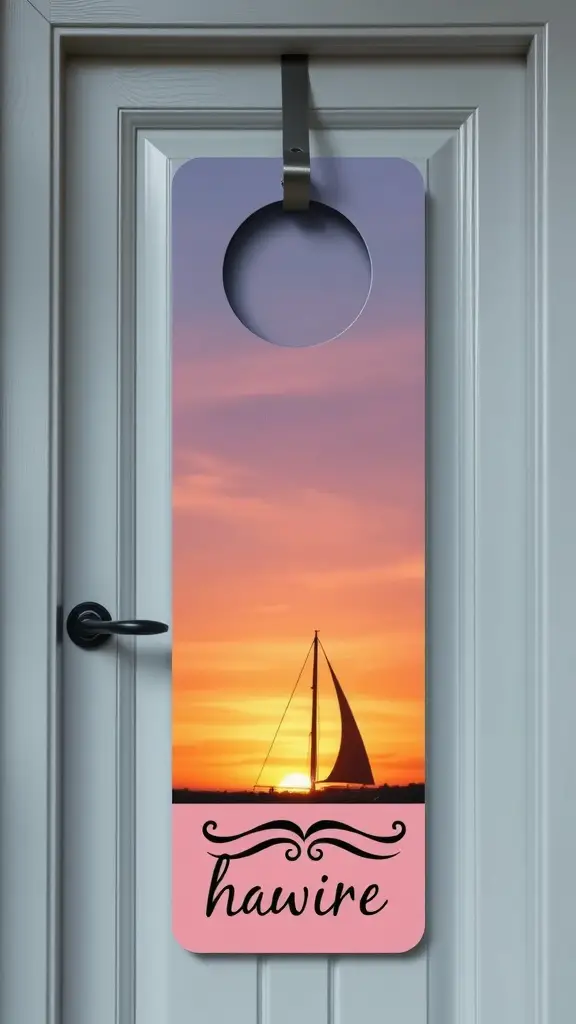 21 Creative Summer Door Hanger Ideas You’ll Love 11 A door hanger featuring a sailboat against a sunset background, with the word 'hawire' written on it.