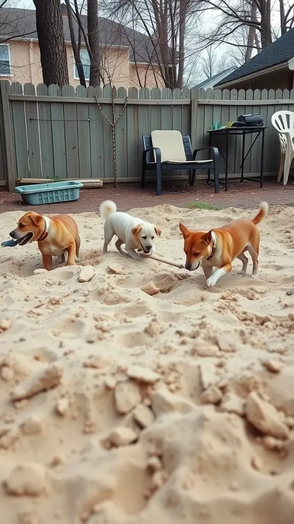 19 Creative Grassless Backyard Ideas for Dogs 7 Dogs playing in a sandy pit in a backyard, exploring and digging.