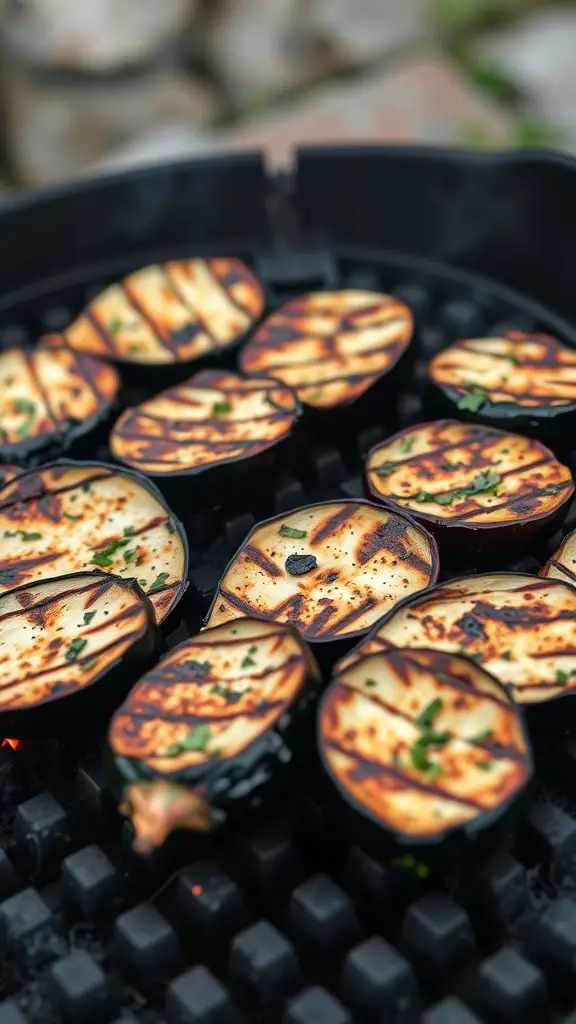 Grilled eggplant slices on a grill, showcasing their charred grill marks.