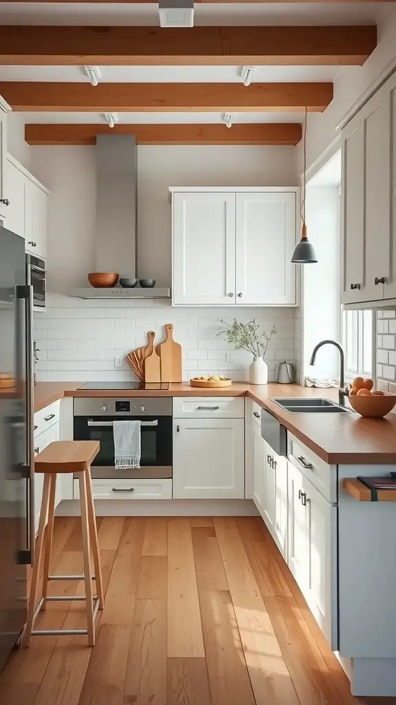 A Scandinavian inspired white kitchen featuring white cabinets, wooden floors, and ceiling beams.