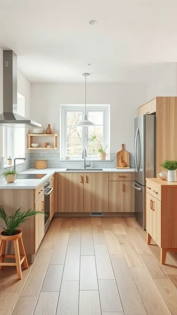 A Scandinavian kitchen featuring light wood cabinetry, stainless steel appliances, and natural light from large windows.