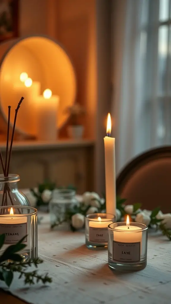 A cozy table setting with scented candles, surrounded by greenery and flowers, creating a warm atmosphere.