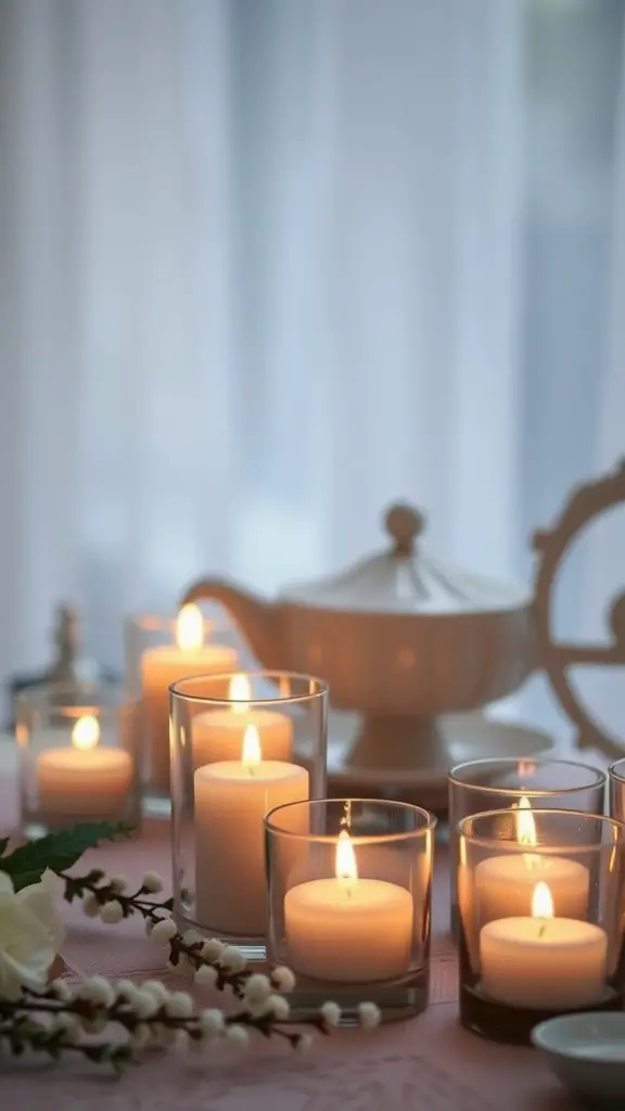 A cozy arrangement of scented candles in glass holders on a table, enhancing the ambiance for a garden tea party.