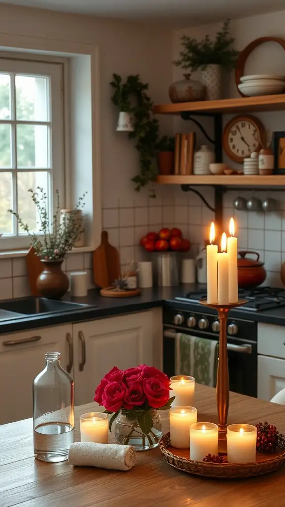 27 Cozy Kitchen Ideas to Warm Up Your Space 21 A cozy kitchen with candles, roses, and a warm ambiance