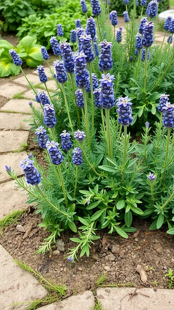 13 Creative Deer Resistant Landscaping Ideas for Your Garden 7 A cluster of lavender plants with purple flowers growing along a stone path.