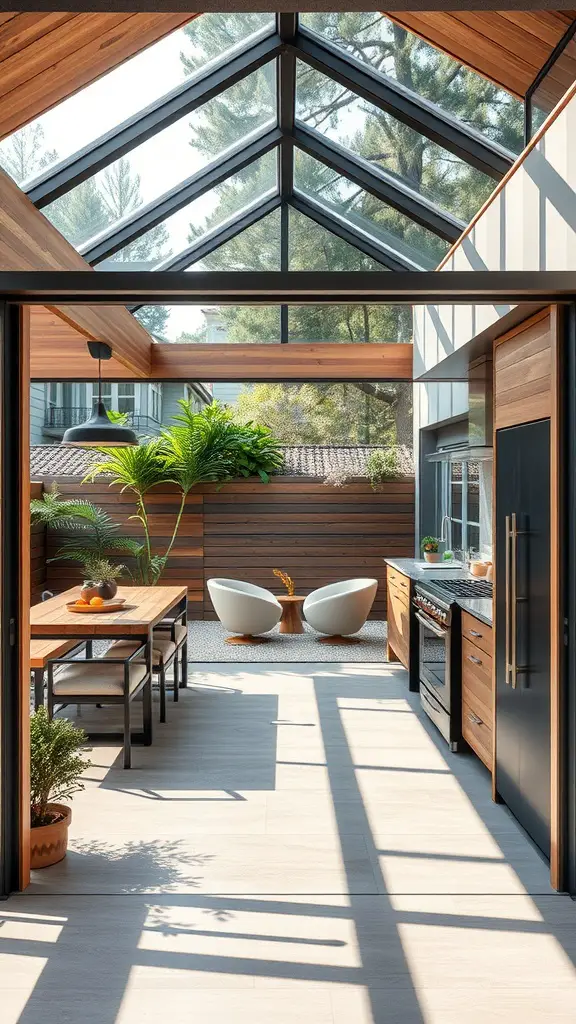 Contemporary kitchen with seamless indoor-outdoor flow, featuring large glass panels and wooden accents.