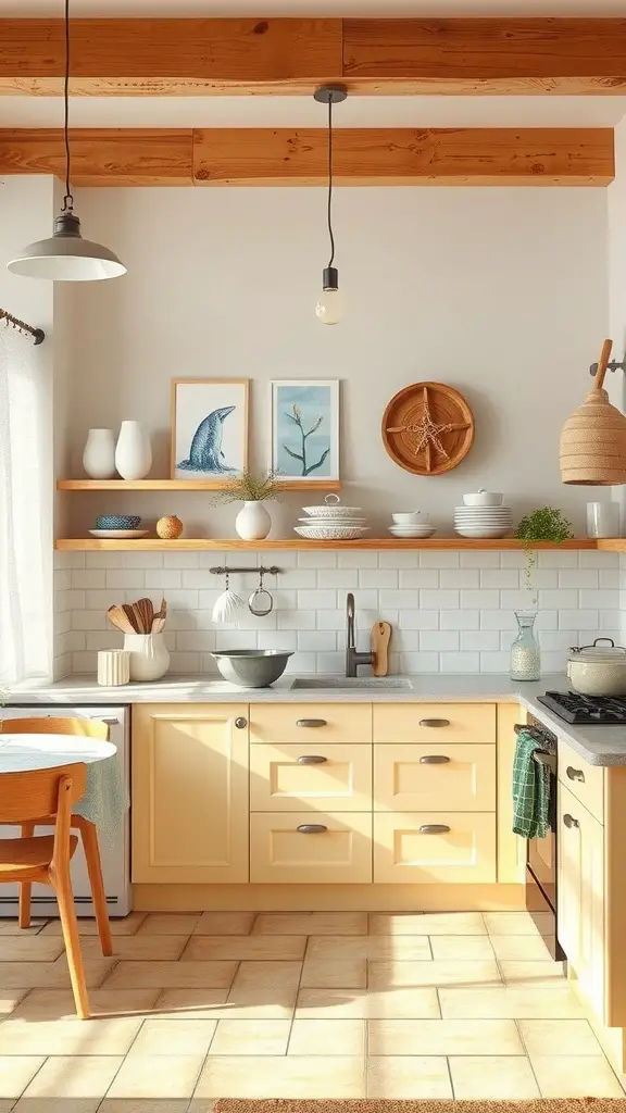 A cozy kitchen featuring pale yellow cabinets, wooden beams, and seaside decor.