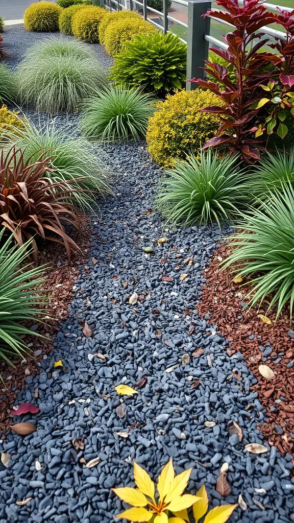 21 Creative Mulch Landscaping Ideas to Transform Your Outdoor Space 13 A landscaped pathway featuring dark blue stones and various lush plants, showcasing seasonal color changes with mulch choices.