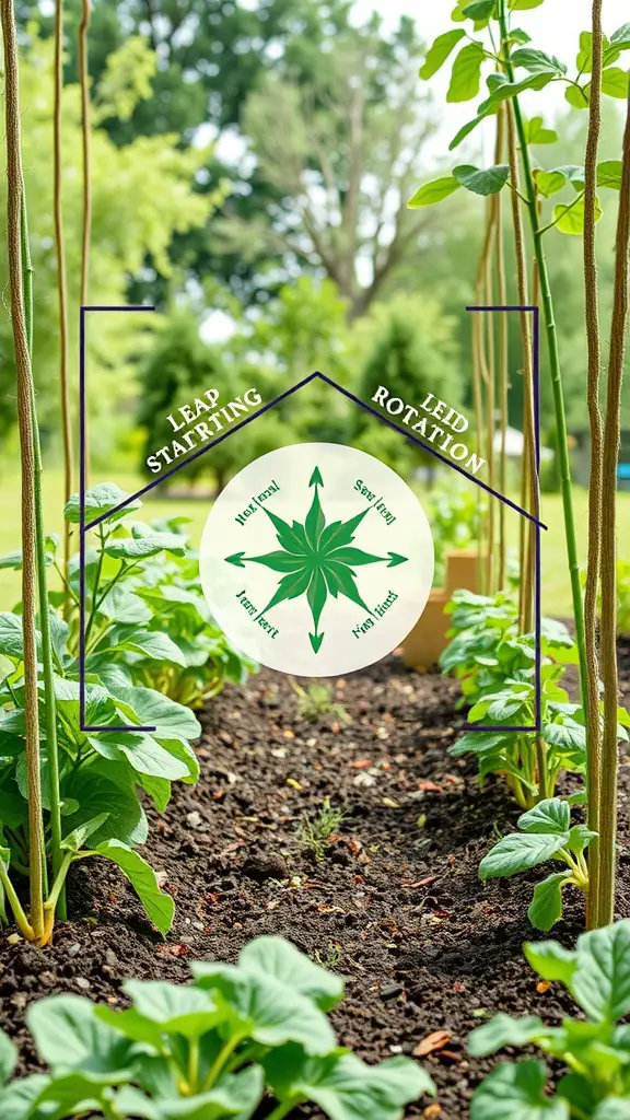 An image showing a kitchen garden with a focus on seasonal crop rotation strategies, featuring different types of plants and a rotation diagram.