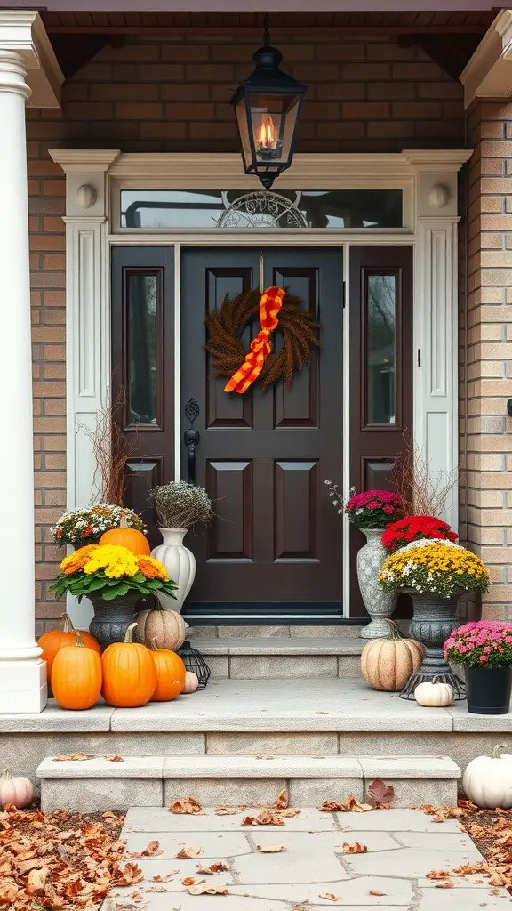 19 Stunning Front Porch Inspiration Ideas for Your Home 6 A decorated front porch for autumn with pumpkins, flowers, and a wreath.