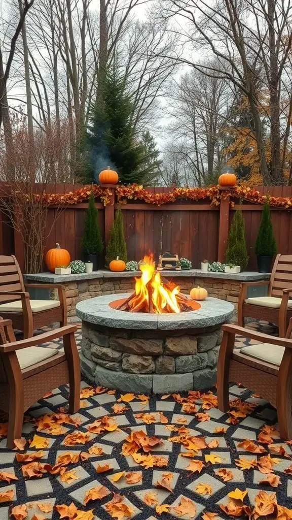 A cozy fire pit surrounded by autumn decor, including pumpkins and fallen orange leaves.