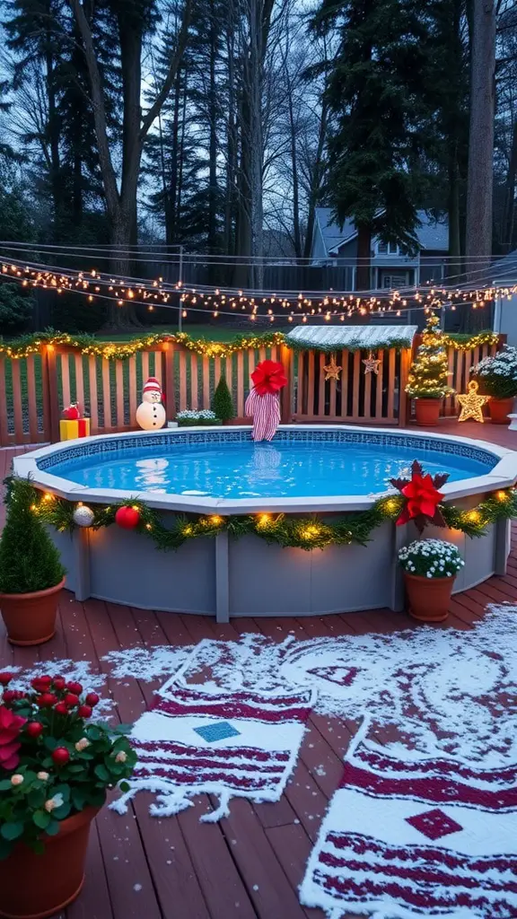 Decorated above ground pool with festive lights and seasonal decor