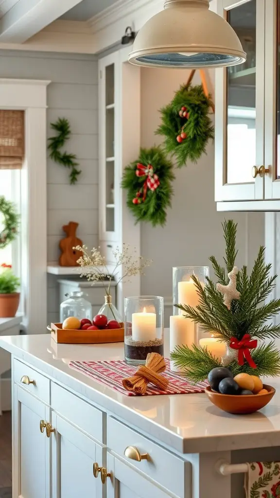 A beach house kitchen decorated for the holiday season, featuring wreaths, candles, and festive textiles.