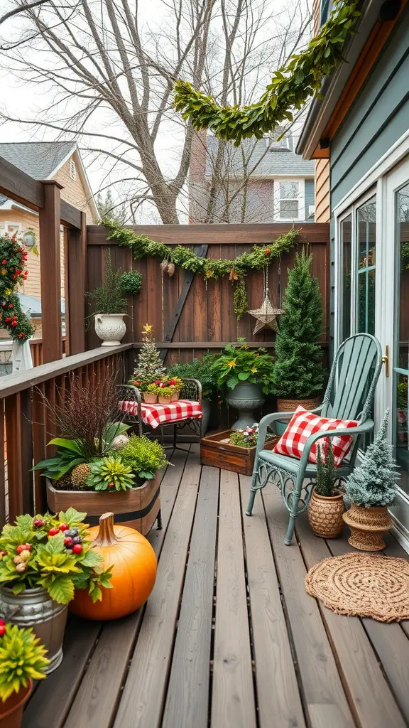 15 Creative Garden Decking Ideas for Your Outdoor Space 16 A cozy garden decking area with seasonal decor, featuring checkered cushions, planters, a pumpkin, and greenery.
