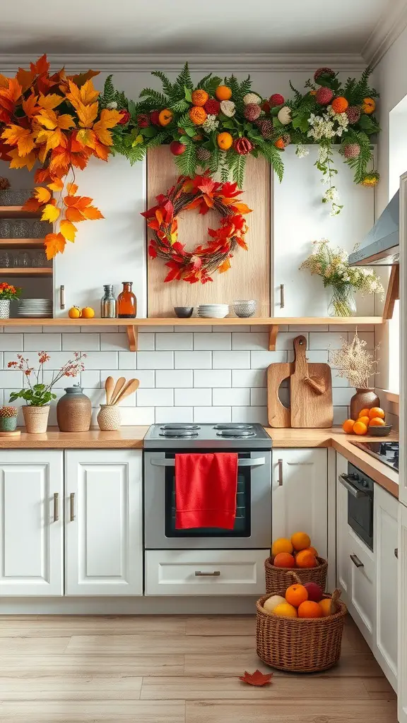 A cozy autumn-themed kitchen with seasonal decorations including leaves, fruits, and a wreath