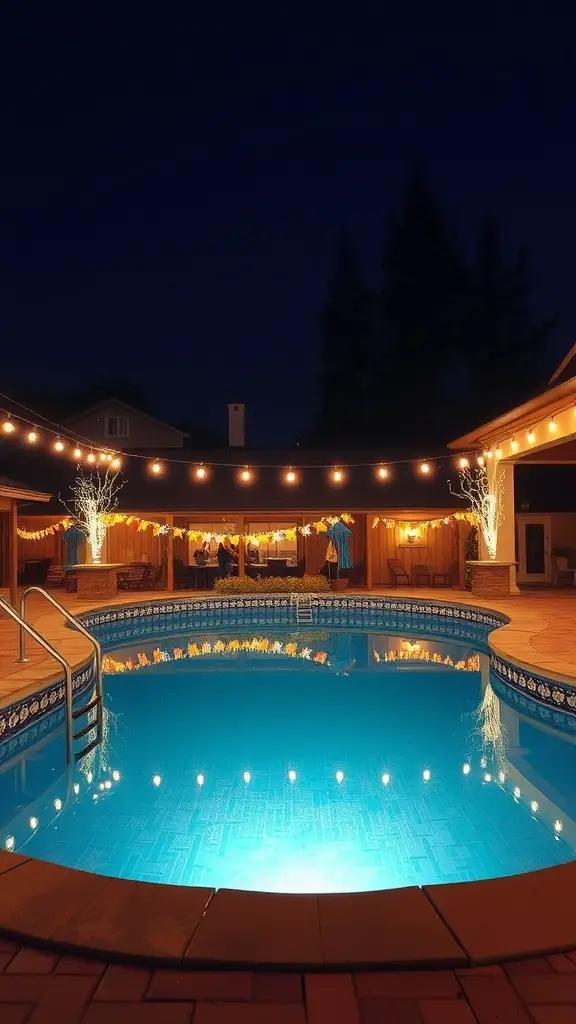 A nighttime view of an above-ground pool area with illuminated string lights and cozy seating.