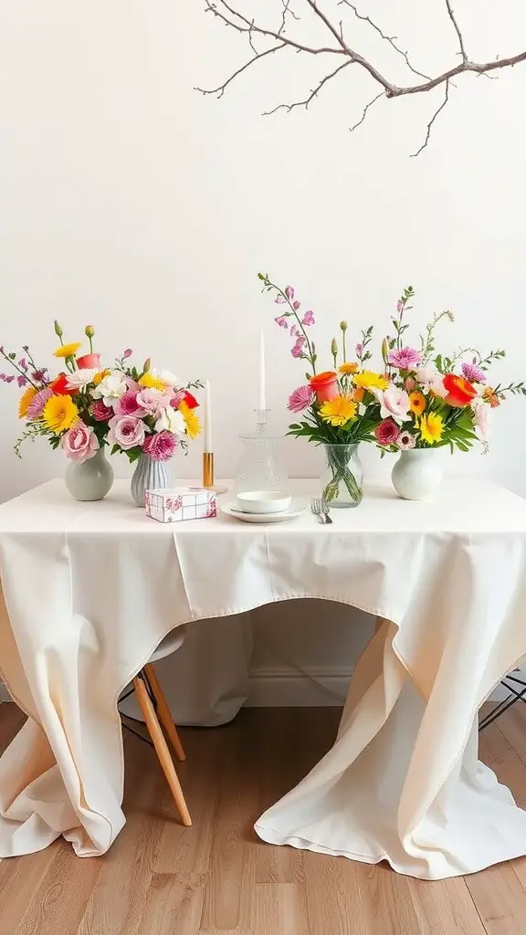 A beautifully decorated table for Mother's Day brunch with colorful flower arrangements, candles, and a white tablecloth.