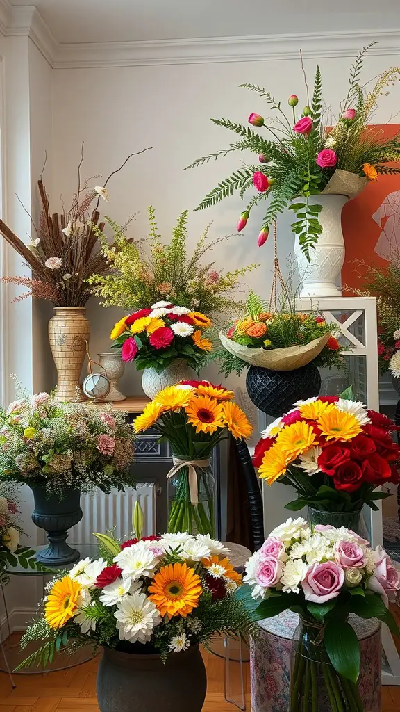 A variety of seasonal floral arrangements in colorful vases, showcasing sunflowers, roses, and greenery.