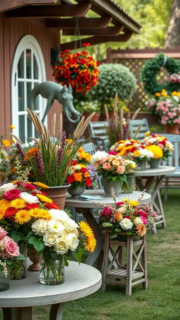 A beautiful display of seasonal flower arrangements on tables for a garden party.