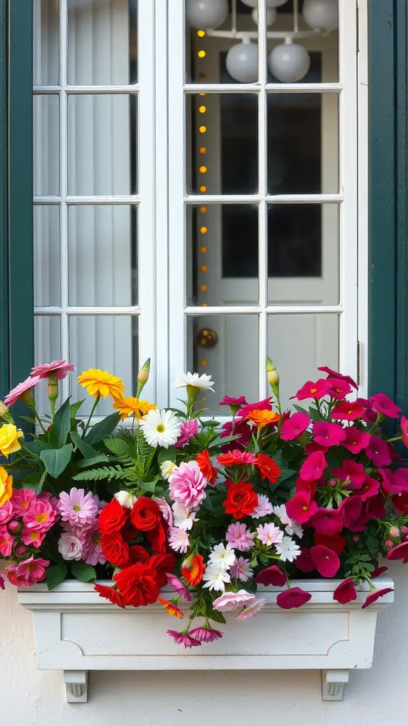 A vibrant window flower box filled with various colorful flowers, including red, pink, yellow, and white blooms, situated below a window with a classic design.