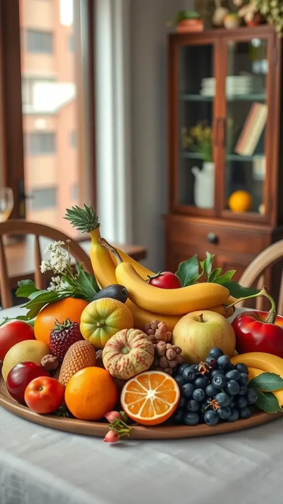 A colorful arrangement of seasonal fruits on a wooden platter, including bananas, apples, oranges, and berries, displayed on a table.