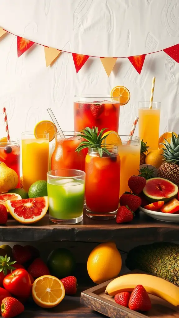 A vibrant display of colorful fruit punches and fresh fruits at a garden party.