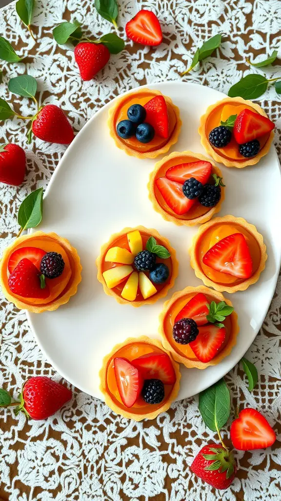 A plate of colorful seasonal fruit tartlets topped with strawberries, blueberries, and blackberries, arranged on a lace tablecloth.