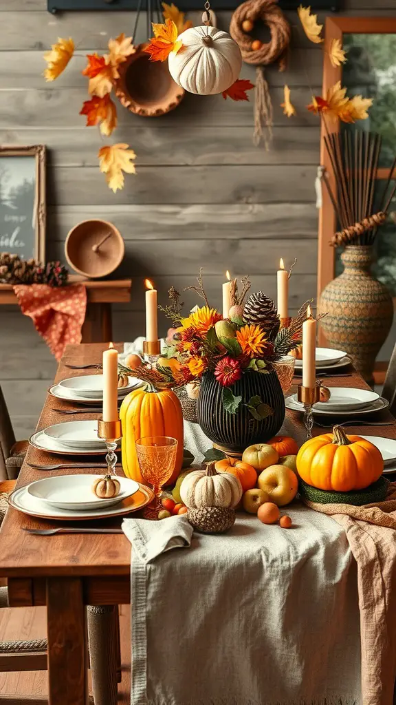 A beautifully arranged harvest table displaying pumpkins, flowers, and candles, perfect for a seasonal gathering.