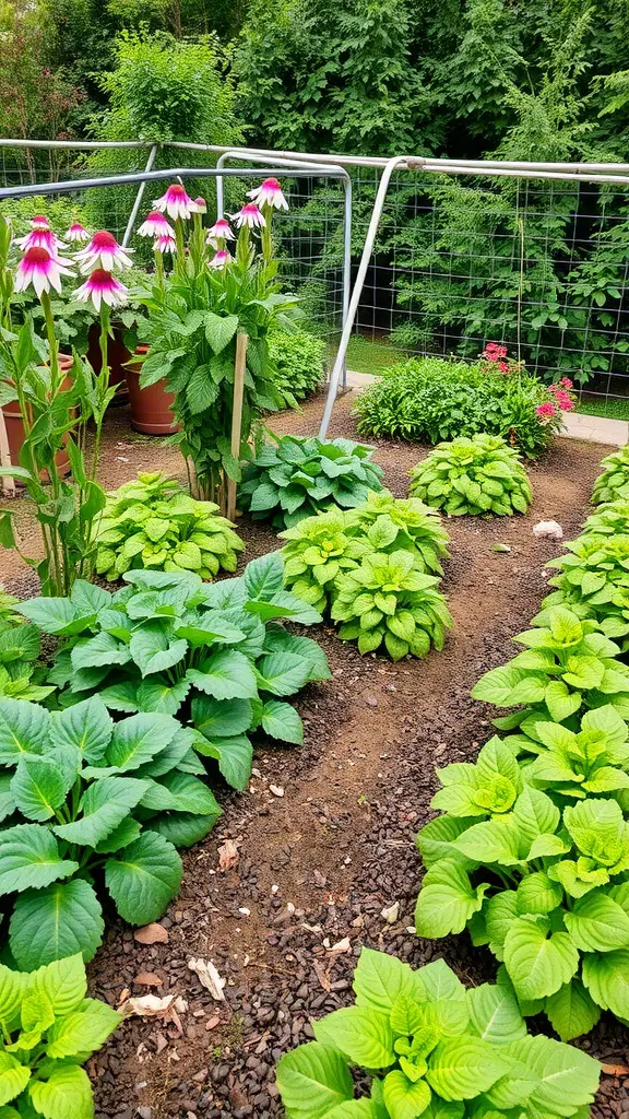 A backyard garden with various leafy plants and flowers, demonstrating seasonal plant rotation.