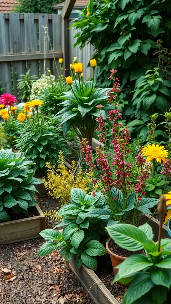 A colorful kitchen garden with tall yellow tulips, vibrant zinnias, and lush greenery in raised beds.