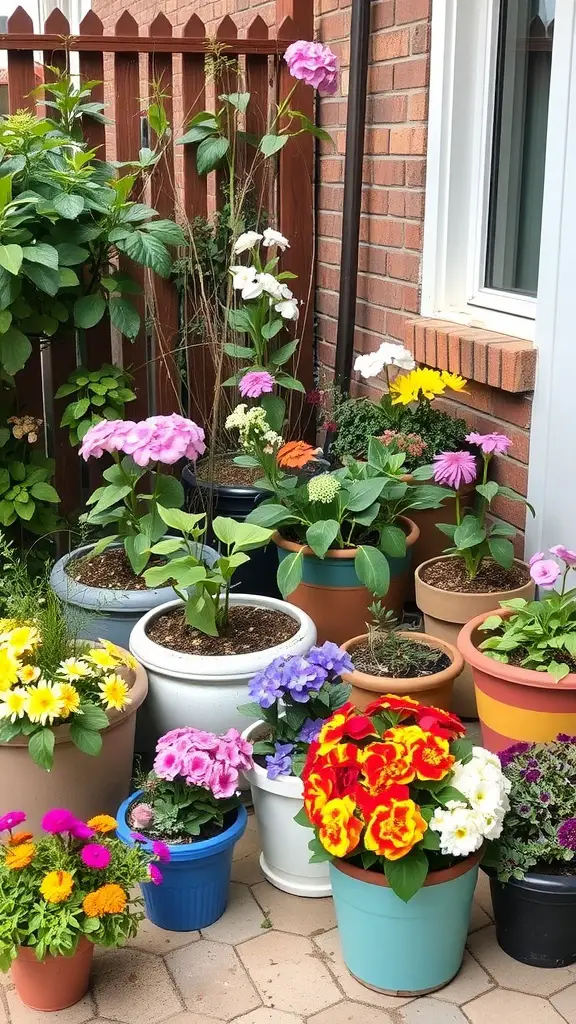 A small patio garden filled with colorful potted flowers and plants.