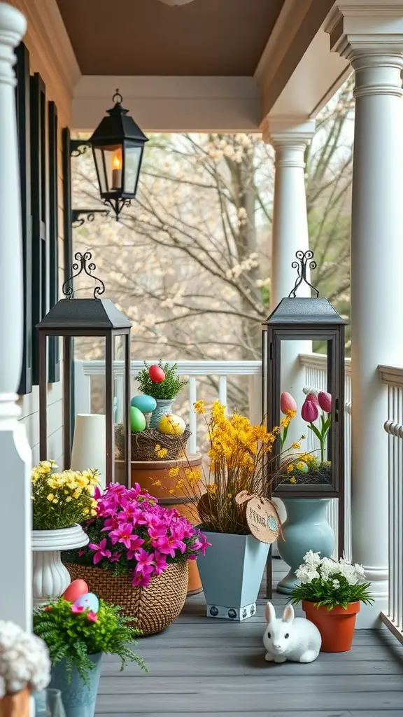 A beautifully decorated porch featuring seasonal lanterns, colorful flowers, and Easter-themed decor