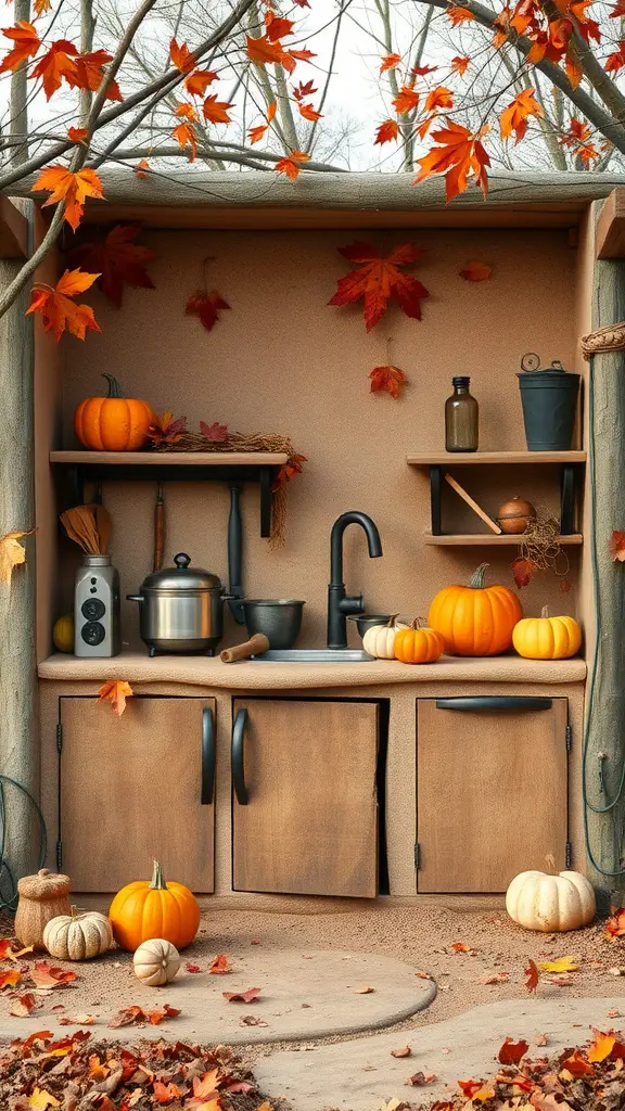 25 Creative Mud Kitchen Ideas for Kids to Inspire Imaginative Play 21 A seasonal themed mud kitchen with pumpkins and autumn leaves.