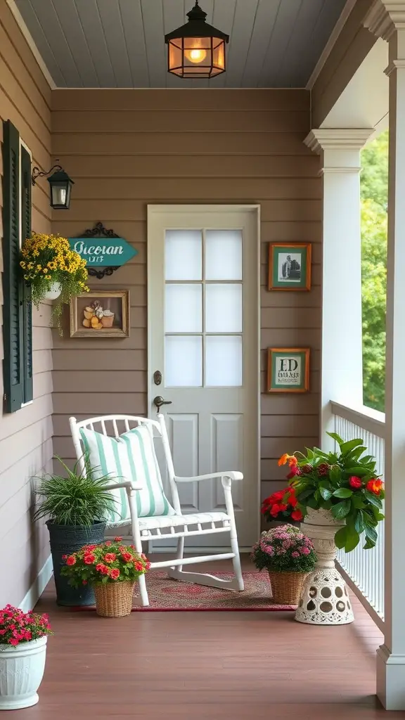 23 Inspiring Summer Porch Decor Ideas for a Vibrant Outdoor Space 7 A charming porch with seasonal wall art, potted plants, and a cozy seating area.