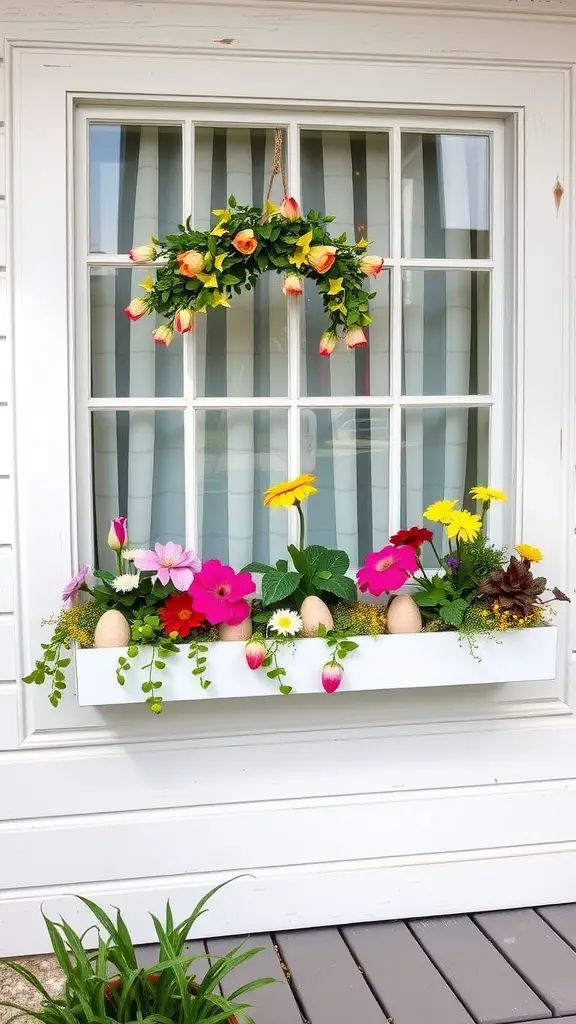 A beautifully decorated window box filled with colorful flowers and decorative eggs, enhancing the Easter spirit.