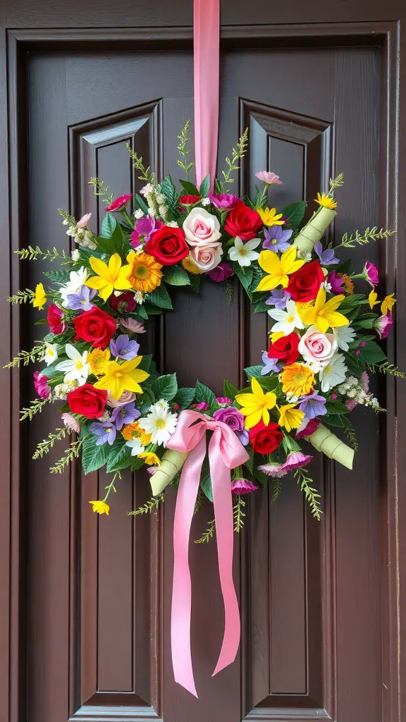 A colorful flower wreath with roses, daisies, and sunflowers on a brown door