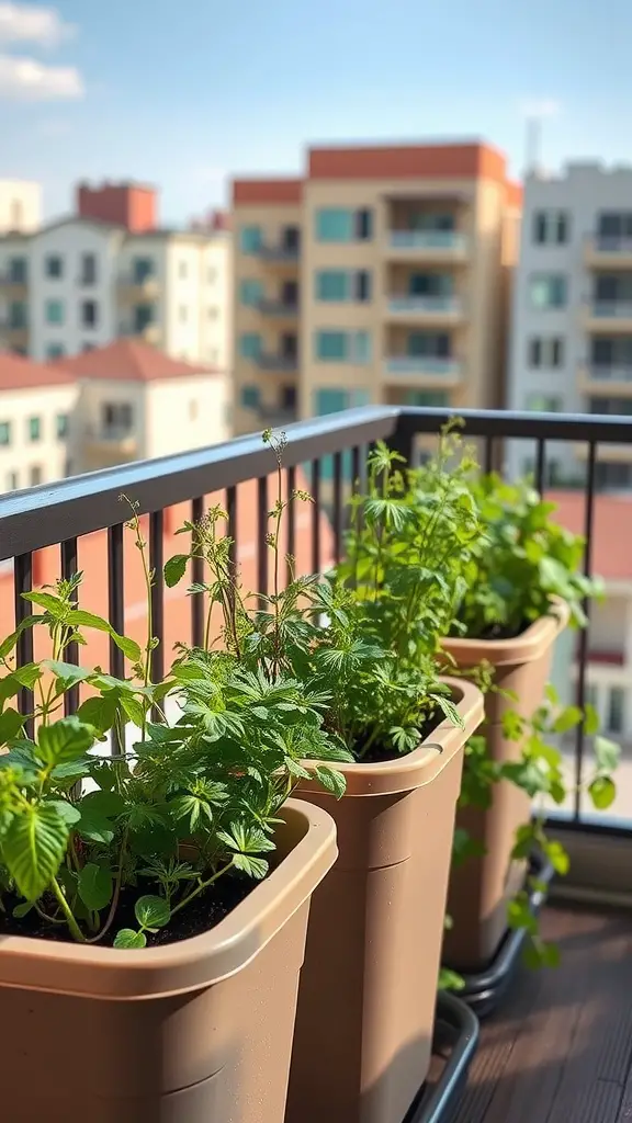 Three self-watering herb planters on a balcony, filled with green herbs, overlooking a cityscape.