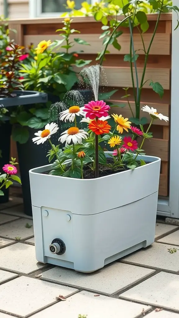 23 Stunning Planter Box Flower Combinations for Your Garden 6 A self-watering planter box with colorful flowers and a watering mechanism.