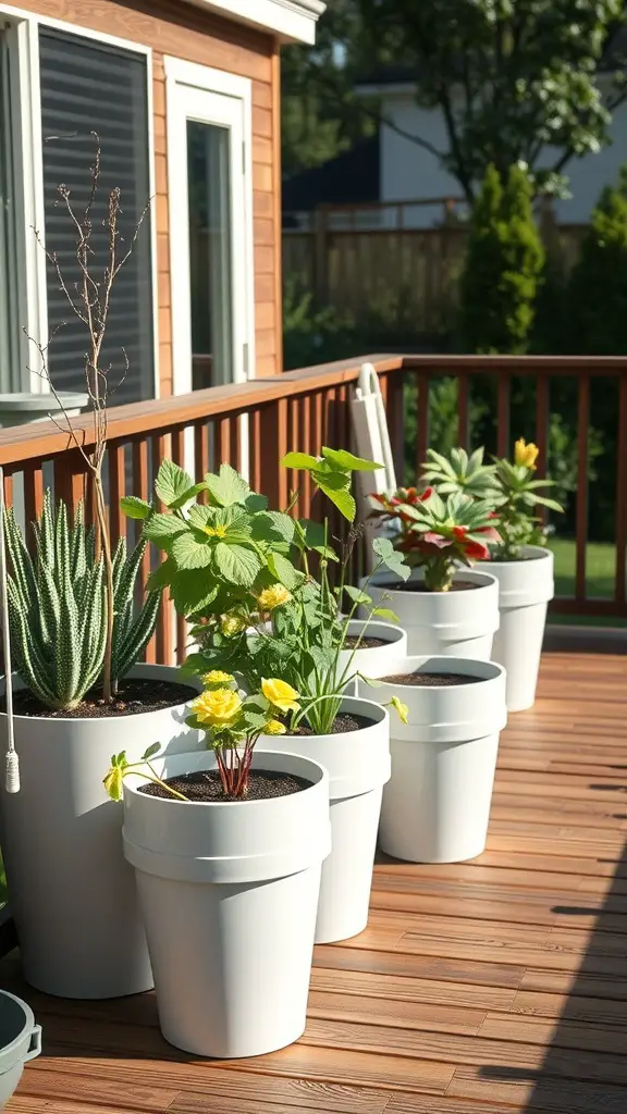 15 Creative DIY Deck Planter Ideas to Enhance Your Outdoor Space 2 A row of white self-watering planters on a wooden deck, filled with various plants.