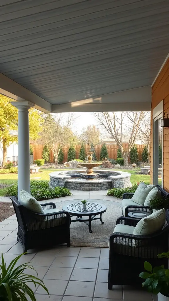 Covered patio with comfortable seating and a fountain in a serene garden setting.