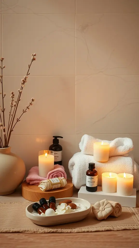 A serene spa corner featuring candles, towels, and aromatherapy oils.