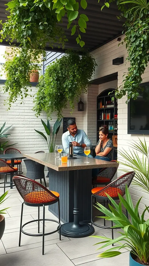 A cozy small patio bar setup with two people chatting, surrounded by plants and bright drinks.