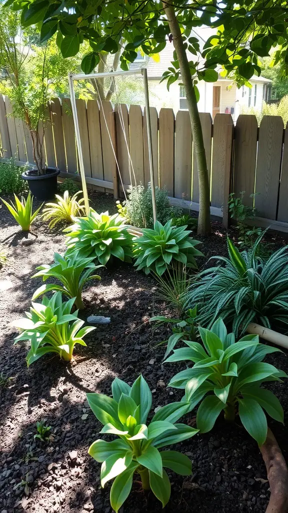 A lush shade garden bed with various green plants, including hostas, surrounded by a wooden fence.