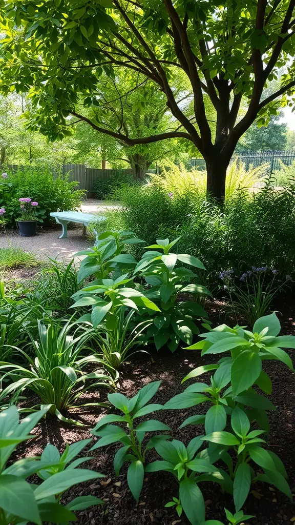 A lush garden with herbs thriving under tree shade, featuring a white table in the background.