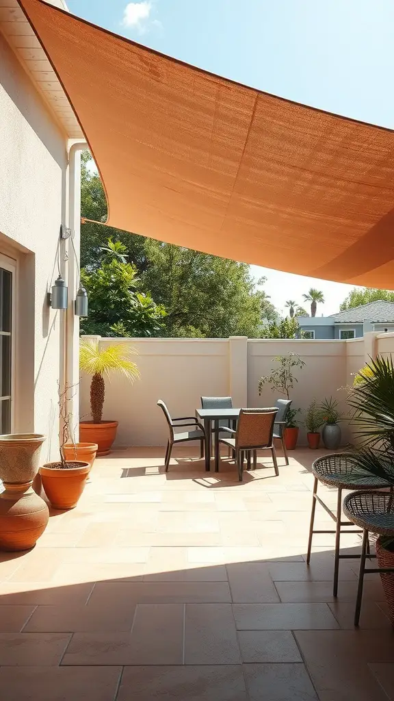 A sunlit patio with an orange shade sail overhead, featuring outdoor furniture and potted plants.