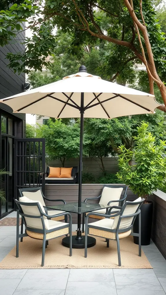 A shaded patio with an umbrella and comfortable seating arrangement surrounded by greenery.